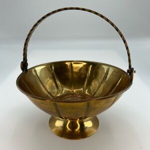 Vintage Brass Basket Scalloped With Swivel Braided Handle Trinket Jewelry Dish
